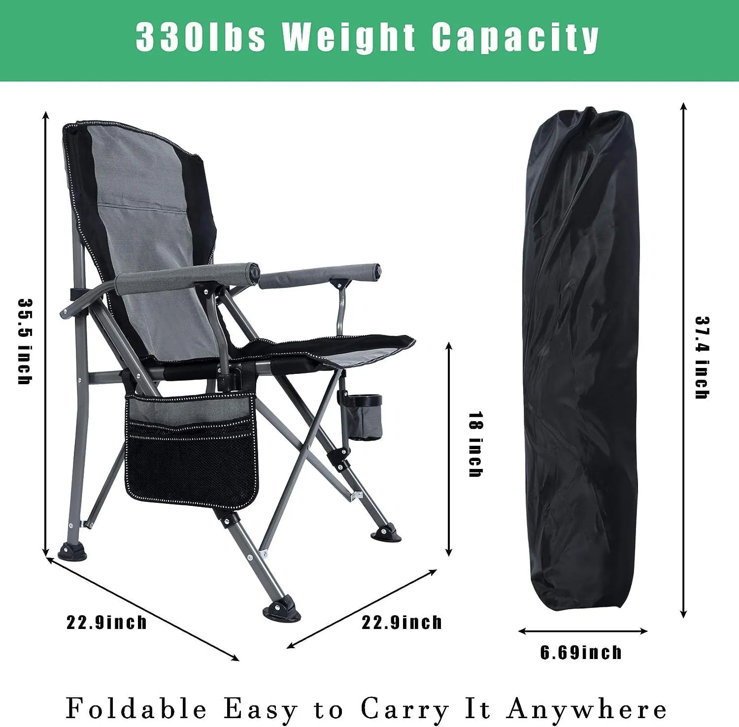 Fishing Chairs, Portable Camping Chair Folding Heavy Duty Quad Outdoor Large Chairs Support 330 lbs High Back Padded Thicken Oxford with Armrests, Storage Bag, Cup Holder, Carry Bag for Outside(Gray)