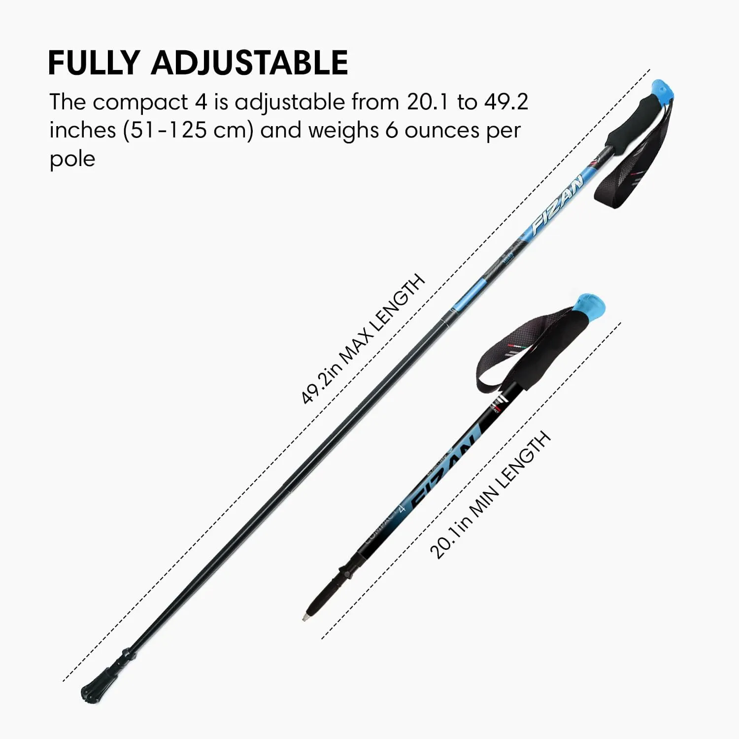 Fizan Compact 4 Trekking Poles – 6.0 oz Ultralight, Backpacking, Thru Hiking Poles, Adjustable, Collapsible, Customized Fit, EVA Grips, Aluminum Walking Sticks (Compact 4)