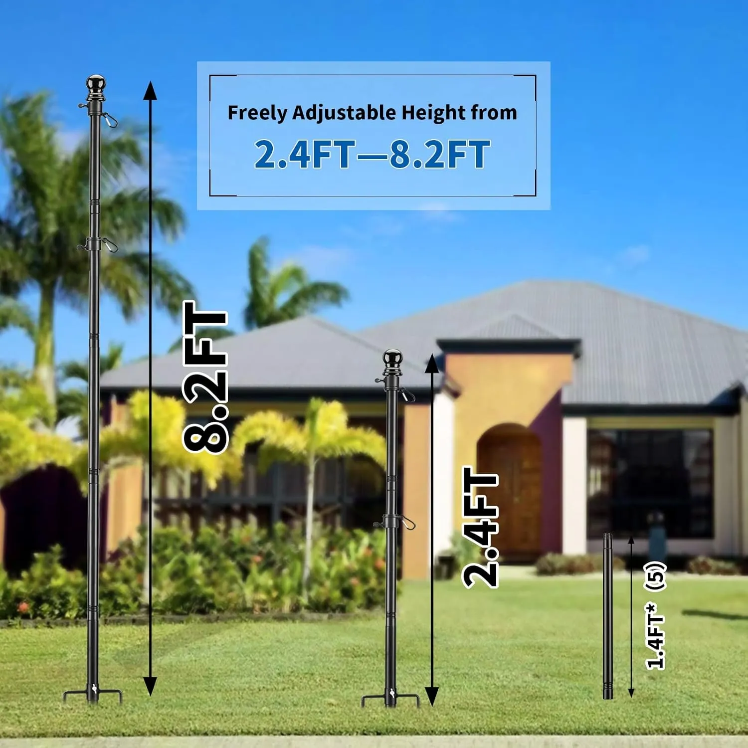 Flag Poles for Outside in Ground, 8.2FT Telescoping Flag Pole Kit for Yard with 3×5FT American Flag, Stainless Steel Portable Residential Flag Pole with 3×5FT American Flag for House (1 Pack, Black)