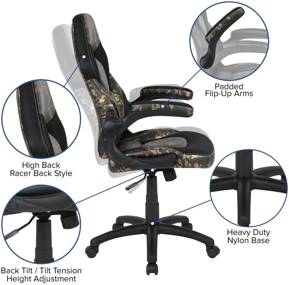 Flash Furniture X10 Gaming Chair Racing Office Ergonomic Computer PC Adjustable Swivel Chair with Flip-up Arms, Camouflage/Black LeatherSoft