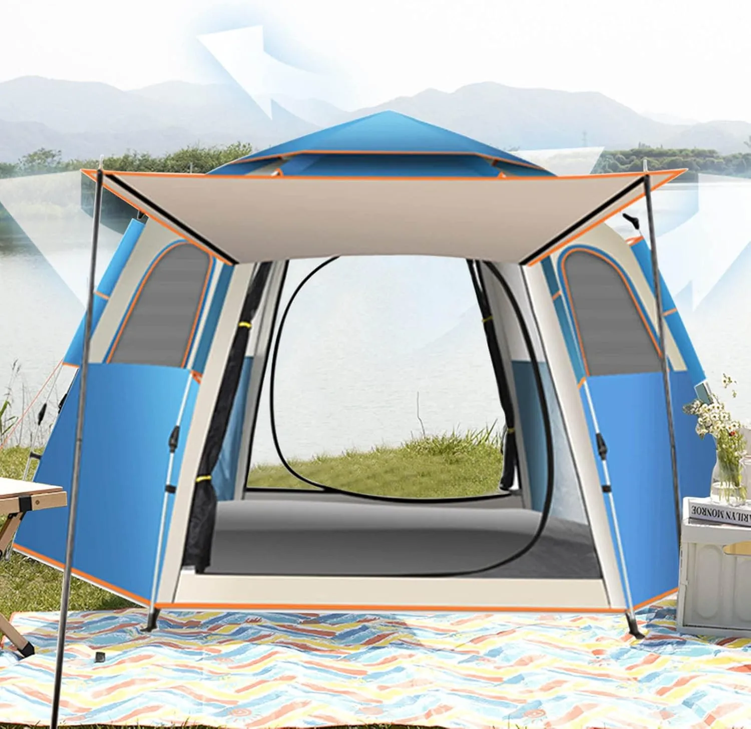 FLEXMAN Camping Tent, Oxford Cloth Automatic Pop Up Waterproof Double Layer Family Tent, Rainproof Waterproof All Weather Tent for Hiking Traveling Backpacking Fishing