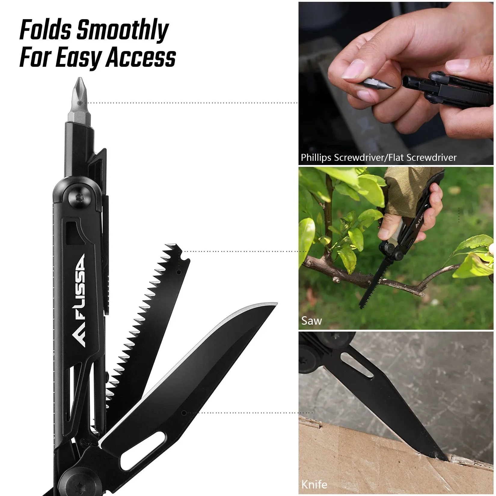 FLISSA 16-in-1 Stainless Steel Multitool Folding Pliers Compact Outdoor Tool