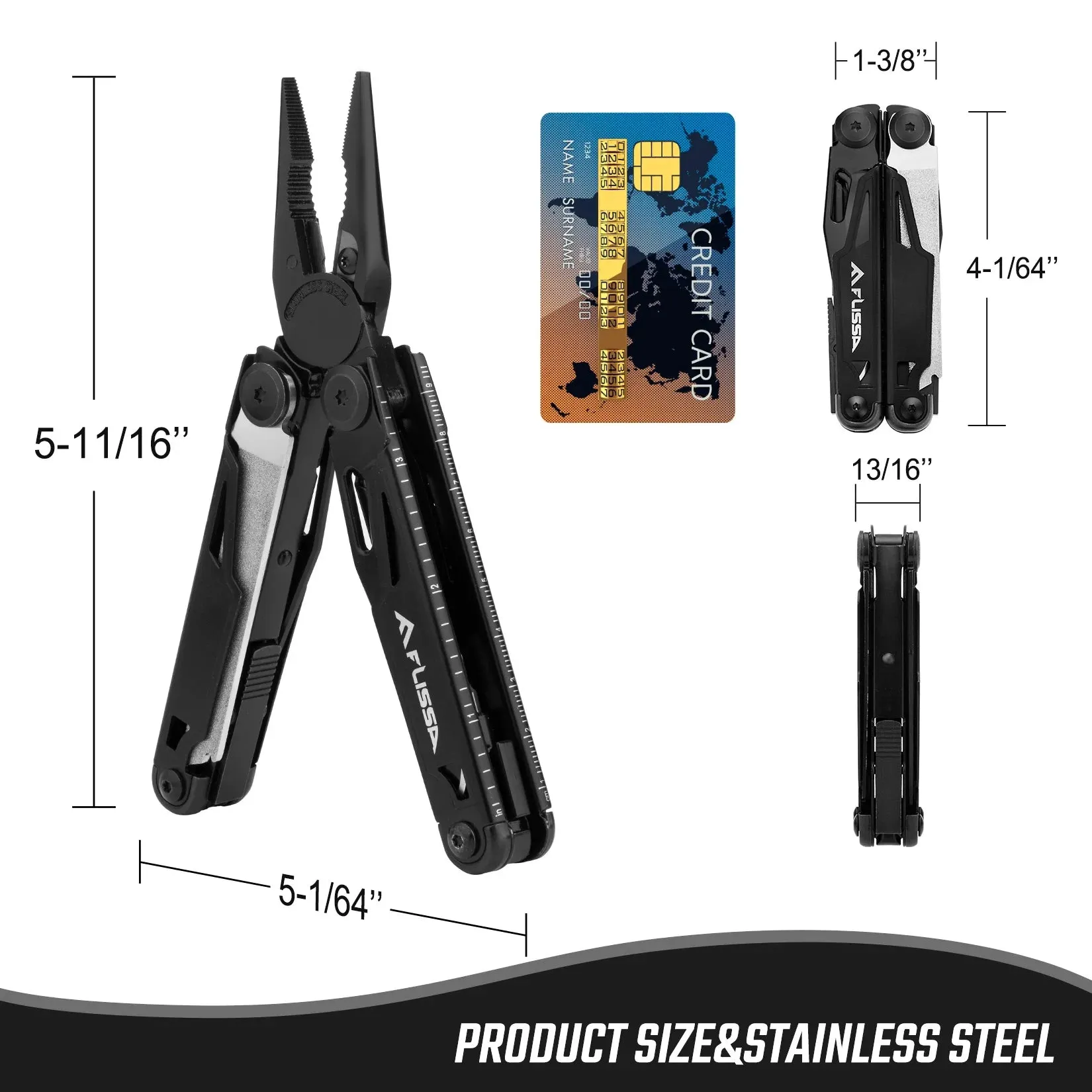 FLISSA 16-in-1 Stainless Steel Multitool Pliers Compact Folding Tool for Camping & Travel
