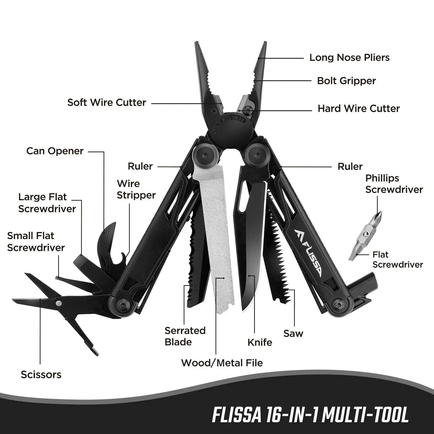 FLISSA 16-in-1 Stainless Steel Multitool Pliers Compact Folding Tool for Camping & Travel