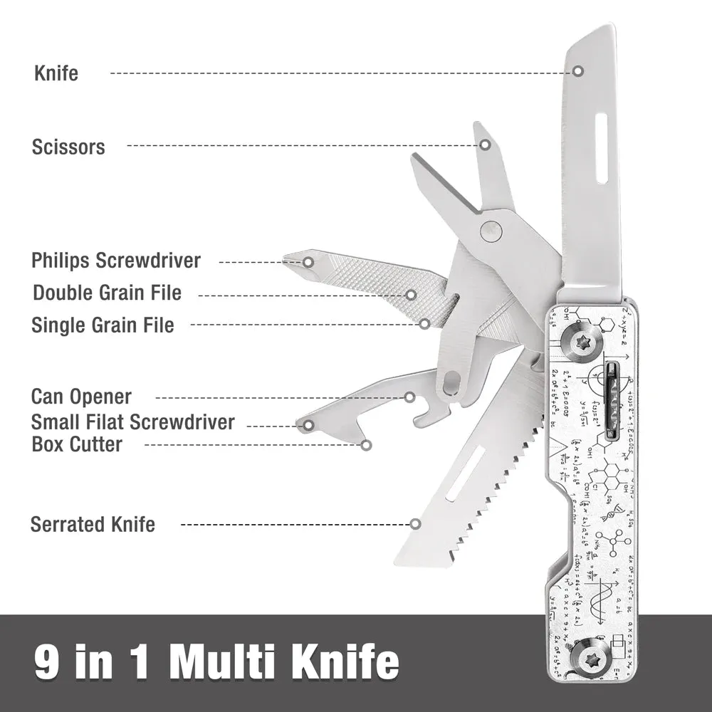 FLISSA 9-in-1 Stainless Steel Folding Multitool Knife Compact Pocket Tool for Camping