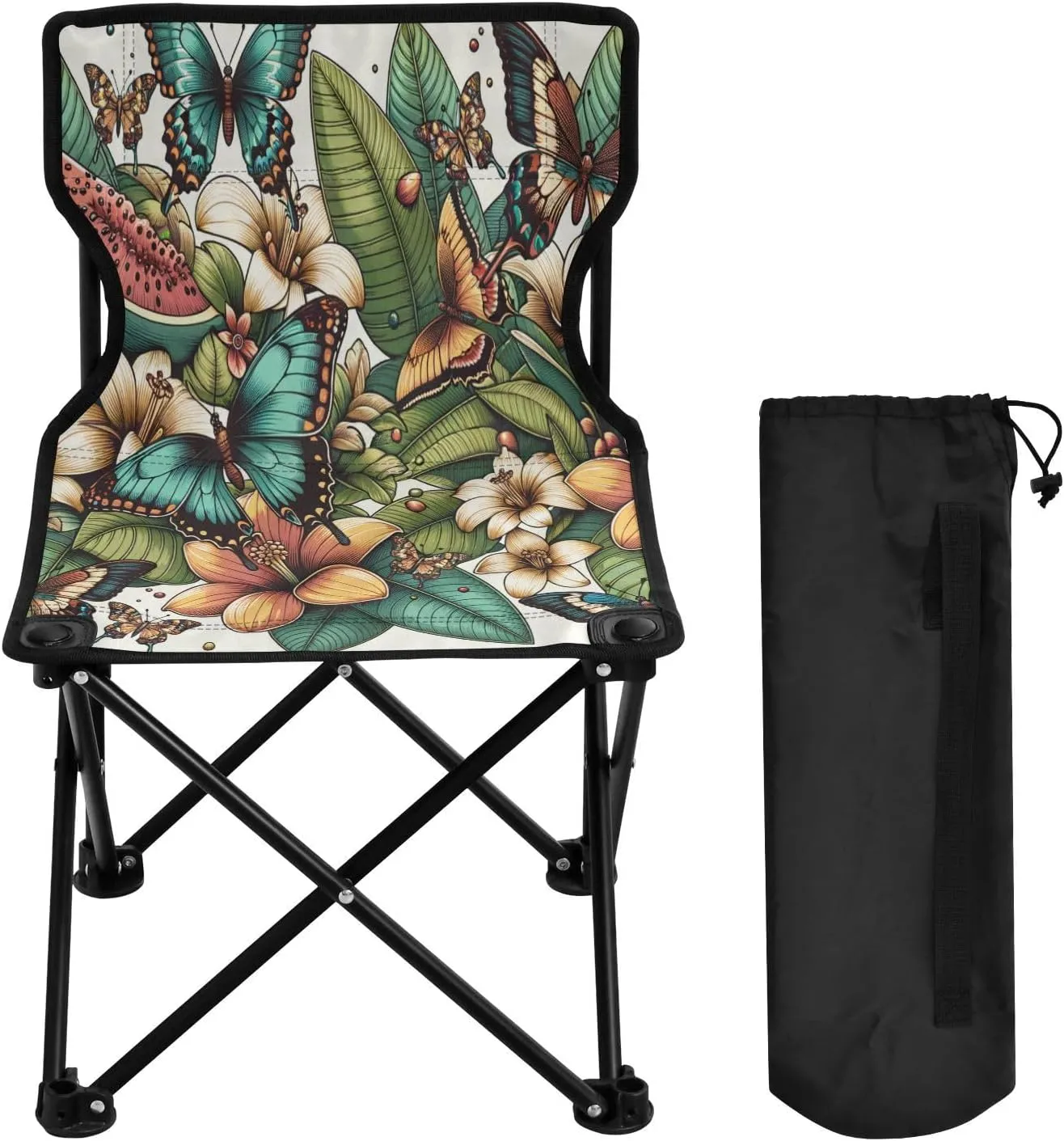 Flower Butterfly Portable Outdoor Folding Chair Anti-Slip Padded Oxford Cloth Stool Camping Chair Small for Beach Hiking Fishing Gardening Quad Camp Chair