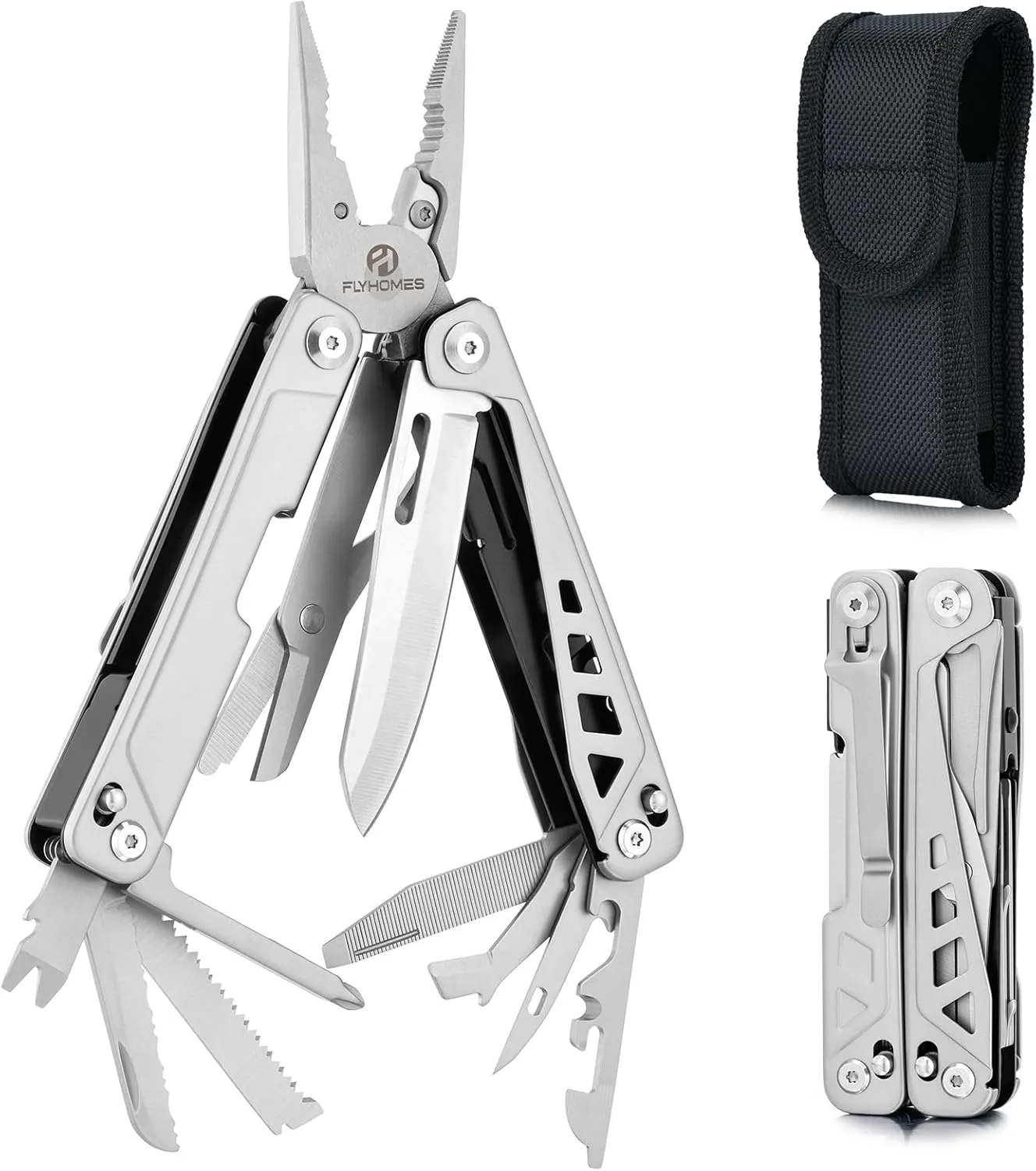 FLYHOMES Multitool, 19-in-1 Multitools Pliers with Scissors, Pocket Clip, Screwdriver... Gift for men, Professional for Camping Survival Tools, Hunting, Hiking (Silver)