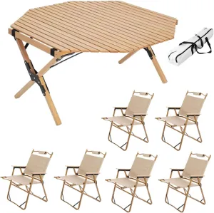 Foldable Camping Table with 6 Chair, Portable Picnic and Chairs, Roll-up Top Outdoor BBQ Folding Ultralight Lawn Chair for Garden Patio