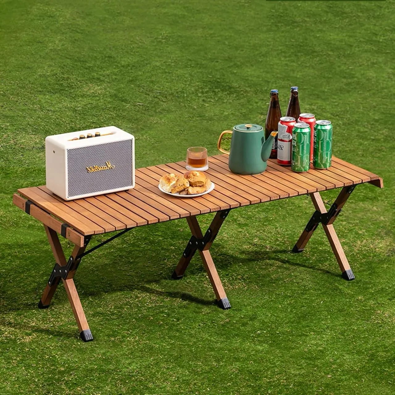 Foldable camping table with chairs and storage box