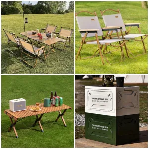 Foldable camping table with chairs and storage box