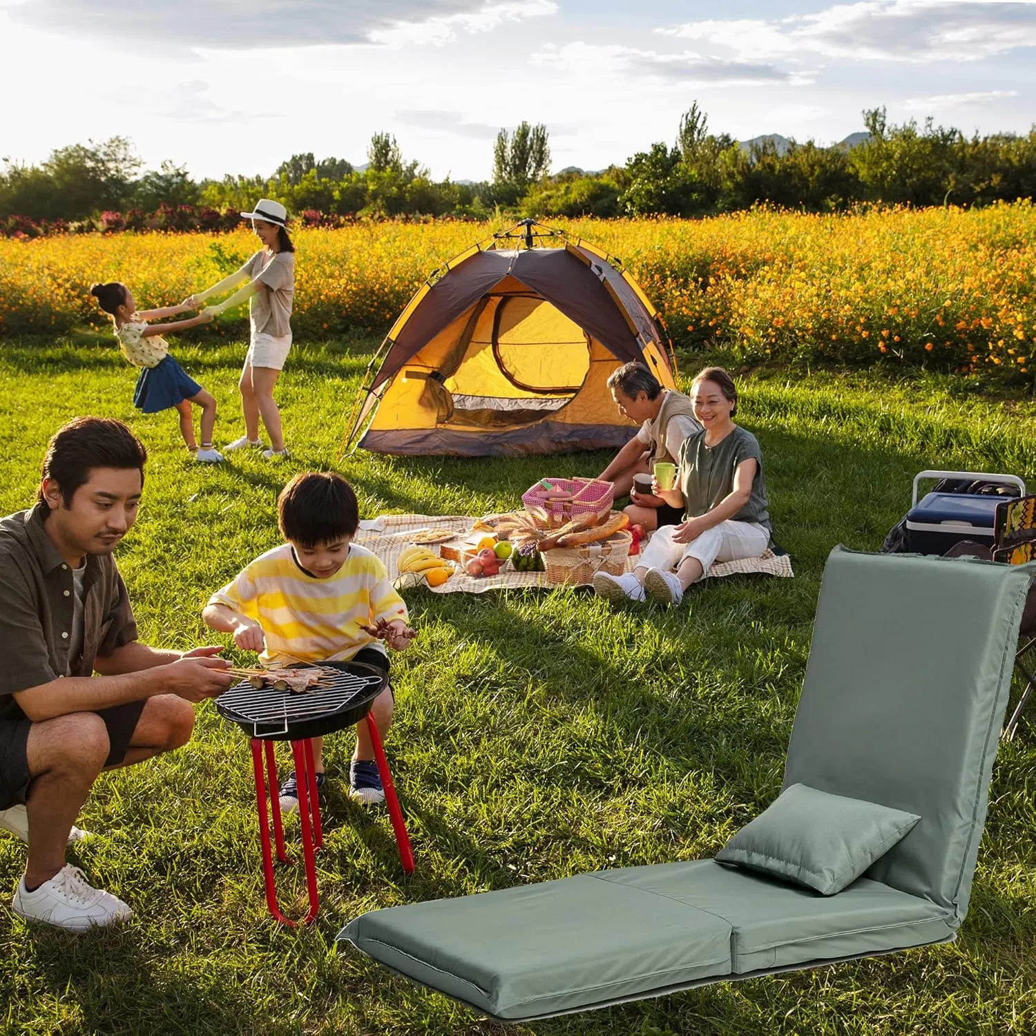 Foldable Portable Chair with Adjustable Recliner for Outdoor Travel, Lightweight Design, Includes Carry Bag, Light Green
