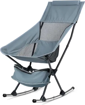 Foldable Rocking Camping Chair, Portable Camping Chair for Adults with Cup Holder & Side Pockets, Fishing Chair, Beach Chairs, Heavy-Duty 253 lbs, Lawn Chairs for Outdoor Patio Beach Picnic (Grey)