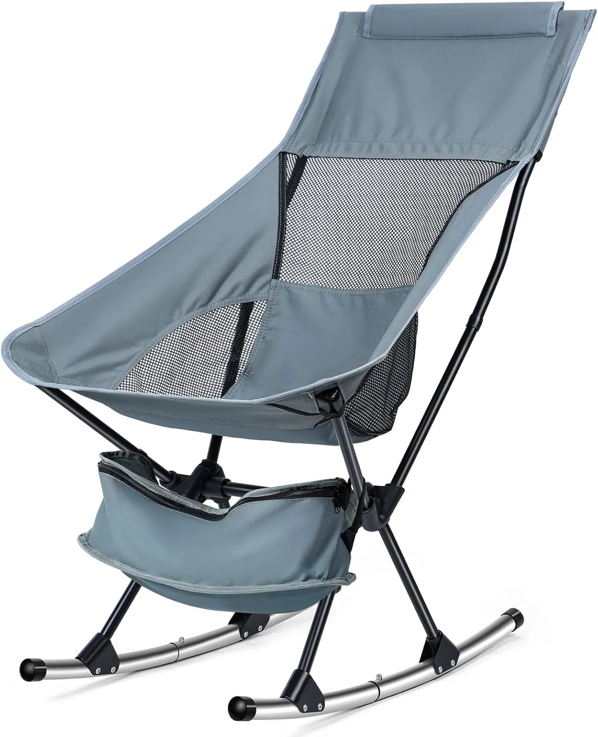 Foldable Rocking Camping Chair, Portable Camping Chair for Adults with Cup Holder & Side Pockets, Fishing Chair, Beach Chairs, Heavy-Duty 253 lbs, Lawn Chairs for Outdoor Patio Beach Picnic (Grey)