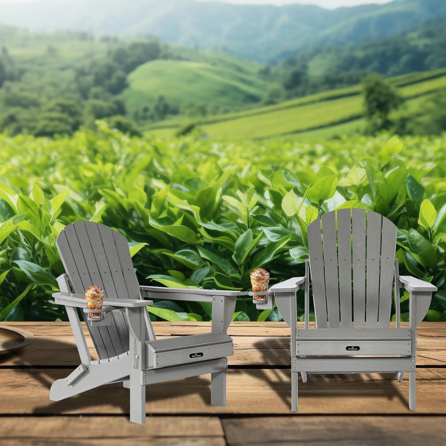 Folding Adirondack Chair Patio Chair Wood Texture,Adirondack Chairs HDPE Weather Resistant Fire Pit Chair with Cup Holder for Garden Backyard Porch Pool (Grey)