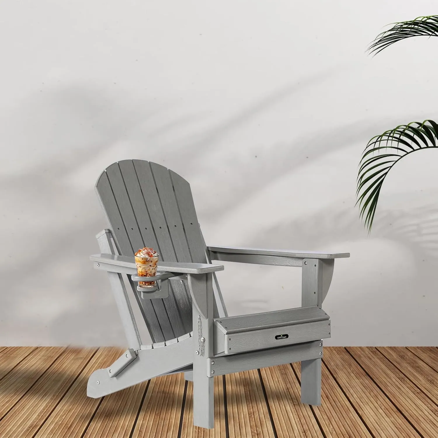 Folding Adirondack Chair Patio Chair Wood Texture,Adirondack Chairs HDPE Weather Resistant Fire Pit Chair with Cup Holder for Garden Backyard Porch Pool (Grey)