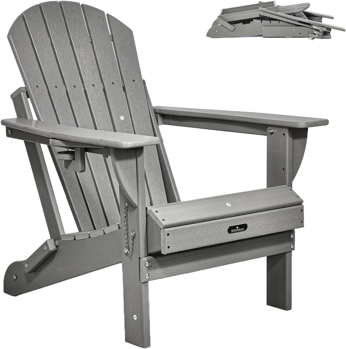 Folding Adirondack Chair Patio Chair Wood Texture,Adirondack Chairs HDPE Weather Resistant Fire Pit Chair with Cup Holder for Garden Backyard Porch Pool (Grey)