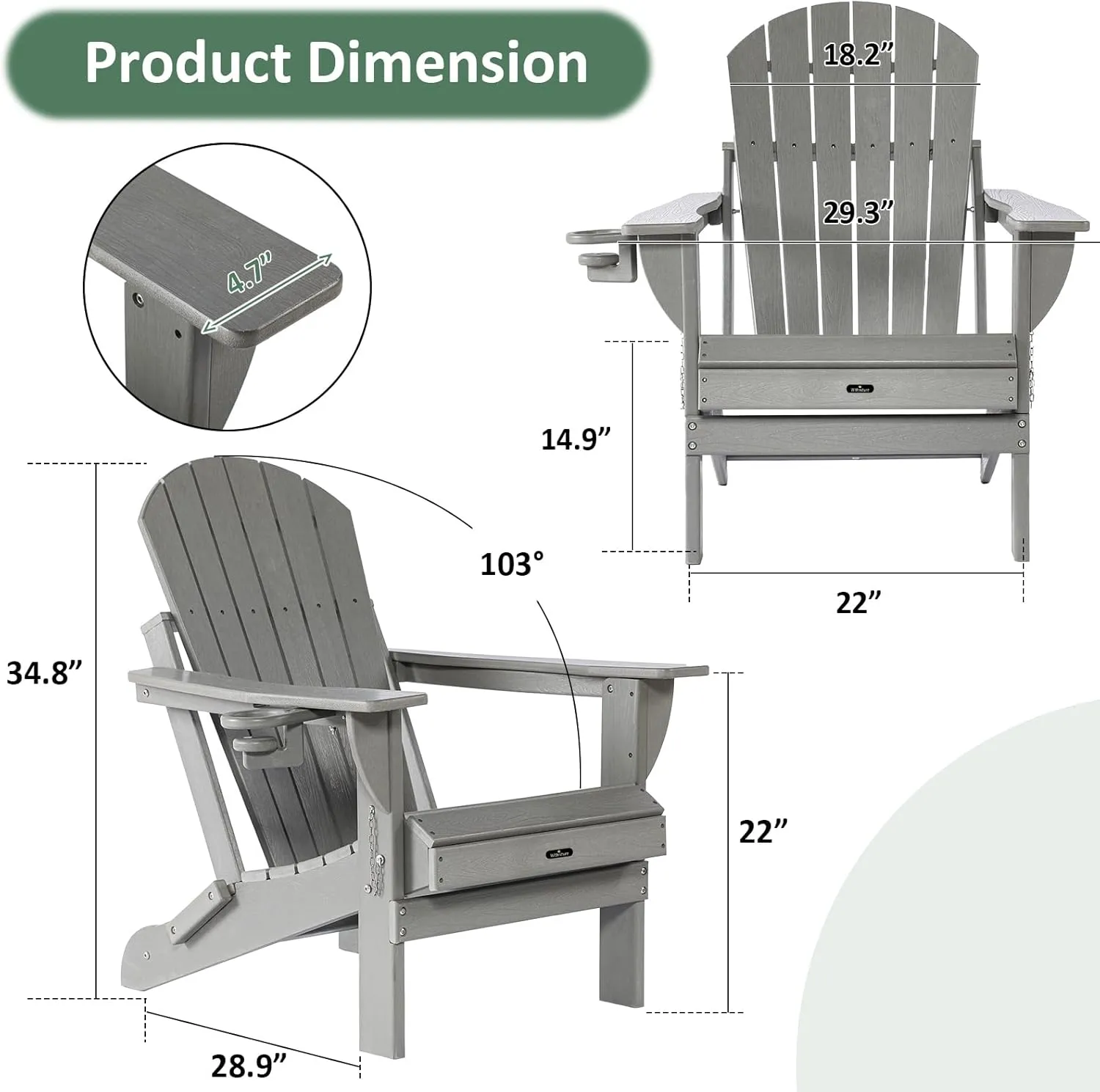 Folding Adirondack Chair Patio Chair Wood Texture,Adirondack Chairs HDPE Weather Resistant Fire Pit Chair with Cup Holder for Garden Backyard Porch Pool (Grey)