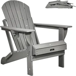 Folding Adirondack Chair Patio Chair Wood Texture,Adirondack Chairs HDPE Weather Resistant Fire Pit Chair with Cup Holder for Garden Backyard Porch Pool (Grey)