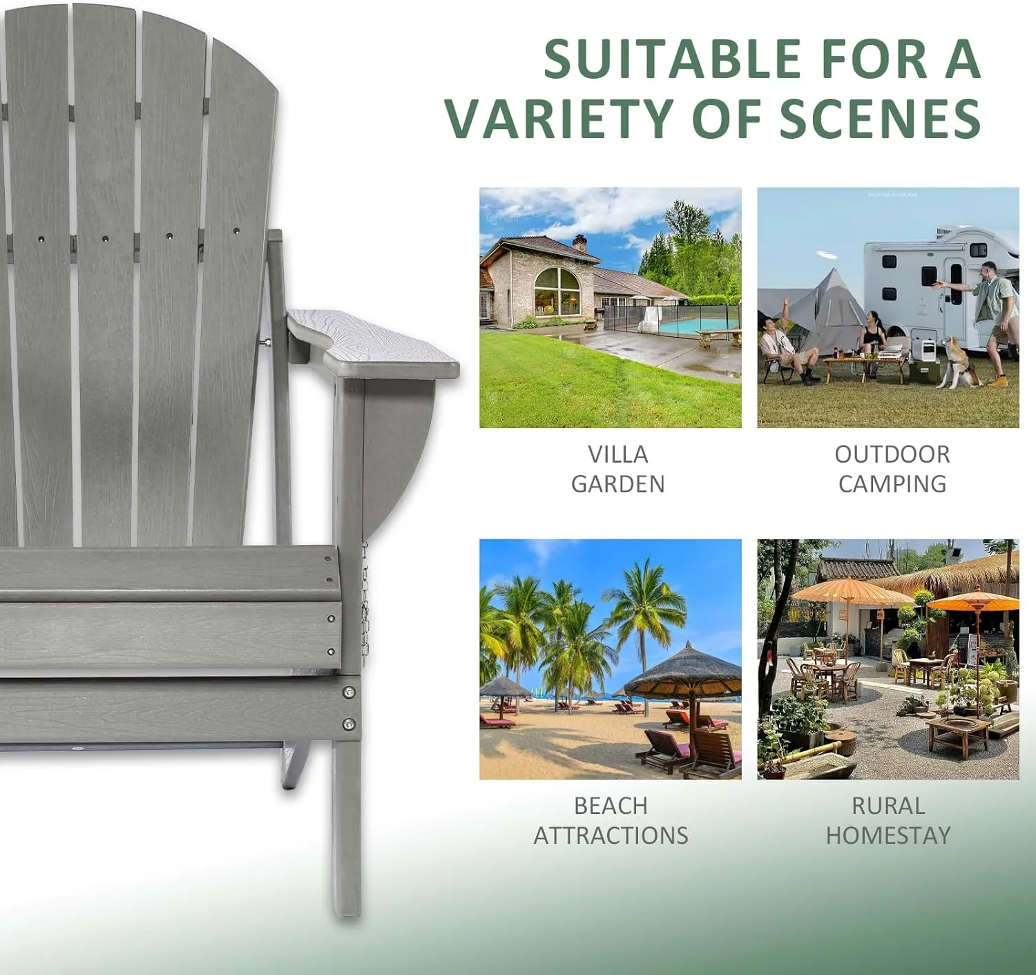 Folding Adirondack Chair Patio Chair Wood Texture,Adirondack Chairs HDPE Weather Resistant Fire Pit Chair with Cup Holder for Garden Backyard Porch Pool (Grey)