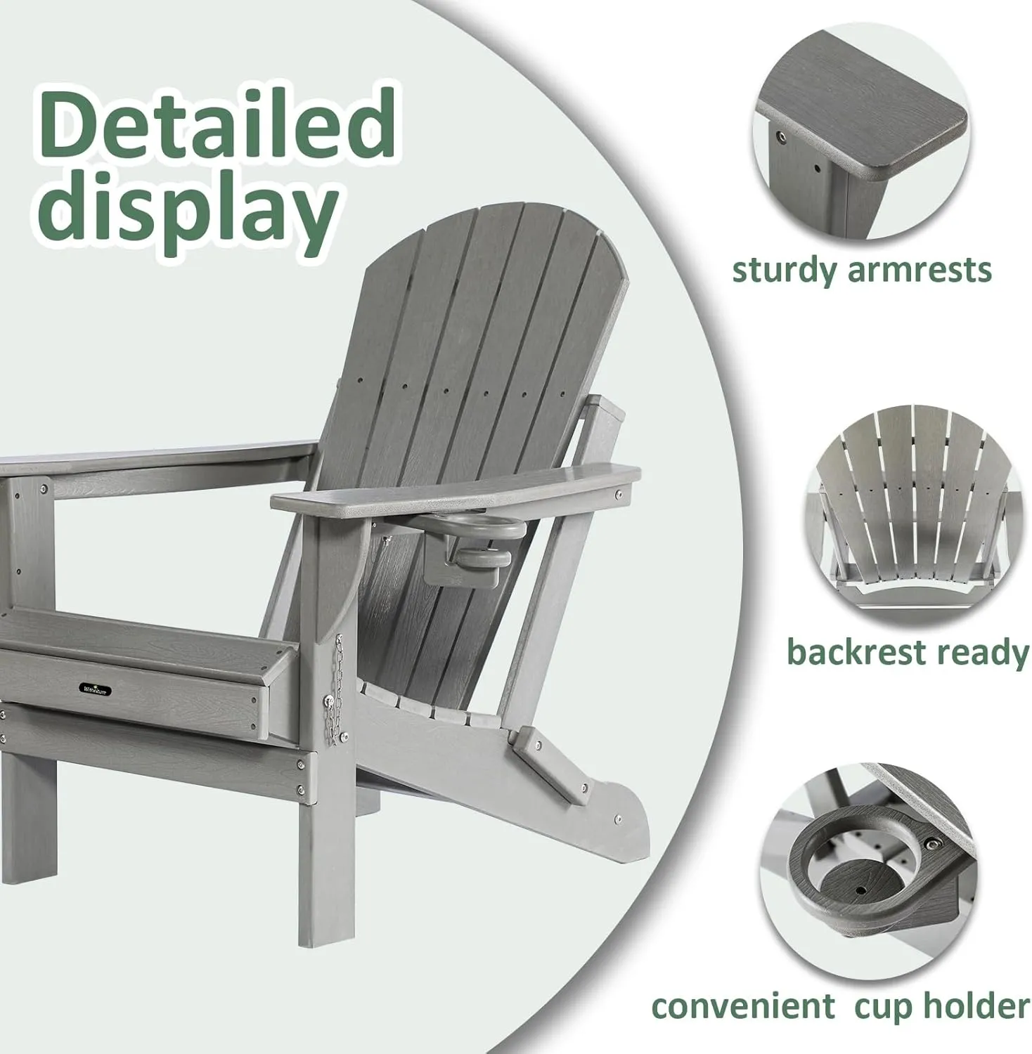 Folding Adirondack Chair Patio Chair Wood Texture,Adirondack Chairs HDPE Weather Resistant Fire Pit Chair with Cup Holder for Garden Backyard Porch Pool (Grey)