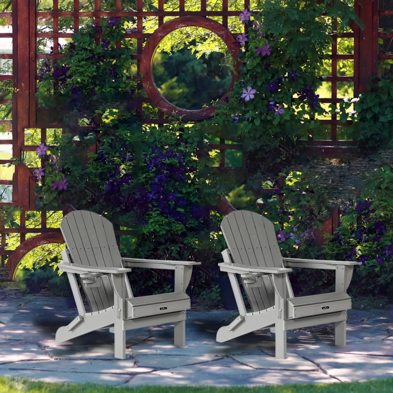 Folding Adirondack Chair Patio Chair Wood Texture,Adirondack Chairs HDPE Weather Resistant Fire Pit Chair with Cup Holder for Garden Backyard Porch Pool (Grey)