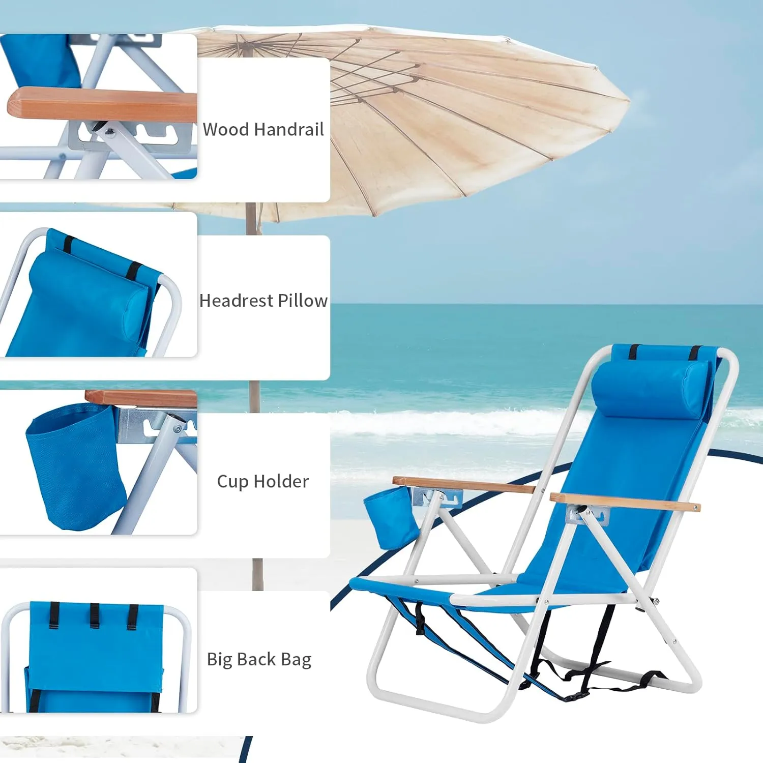 Folding Beach Chair with 350LBS Capacity, Portable Backpack Chair with 4 Position Reclining for Pool, Patio, Outdoor Concert Travel and Camping(Blue-1 Pack)