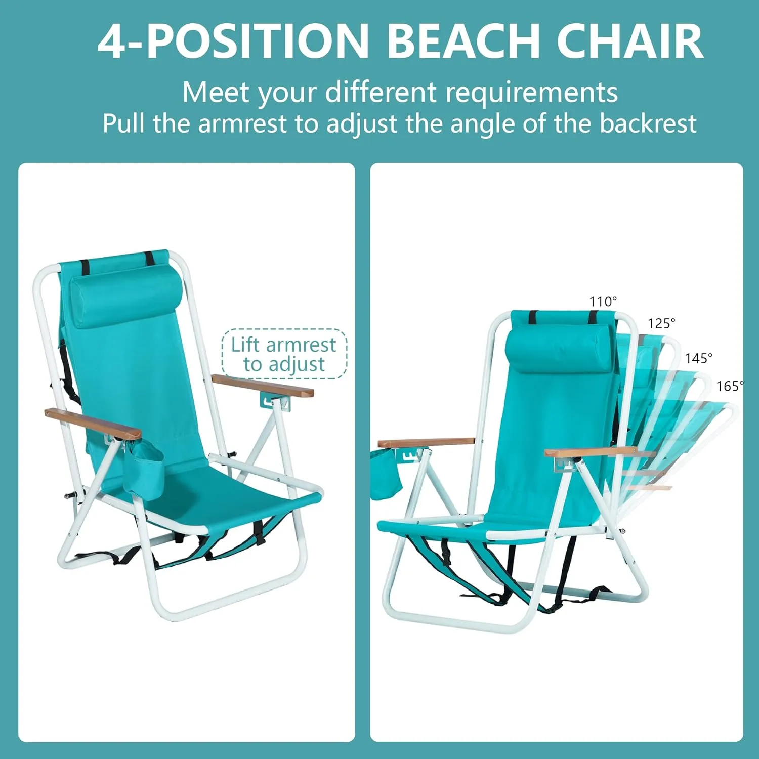 Folding Beach Chair with 350LBS Capacity, Portable Backpack Chair with 4 Position Reclining for Pool, Patio, Outdoor Concert Travel and Camping(Mint Green-1 Pack)