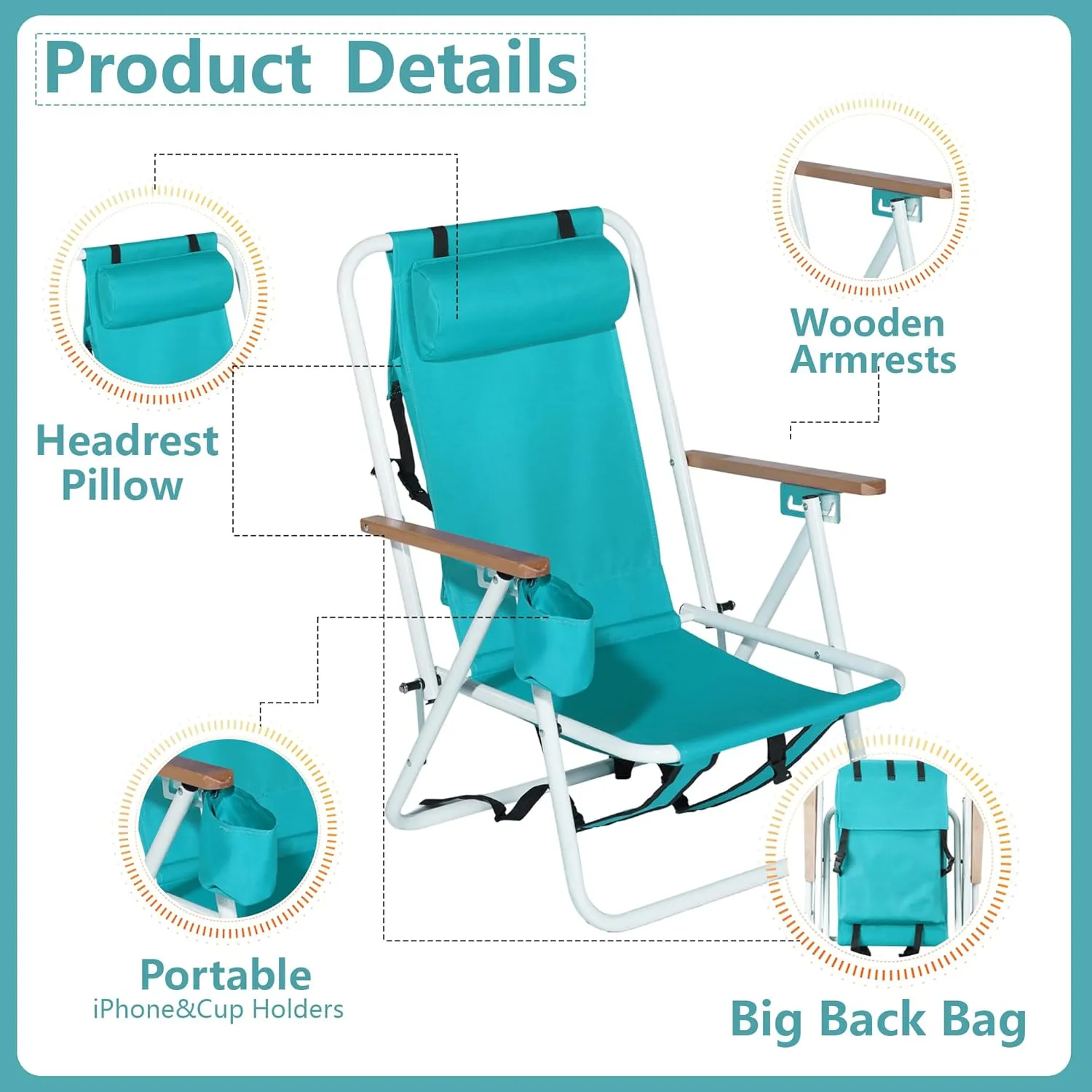 Folding Beach Chair with 350LBS Capacity, Portable Backpack Chair with 4 Position Reclining for Pool, Patio, Outdoor Concert Travel and Camping(Mint Green-1 Pack)