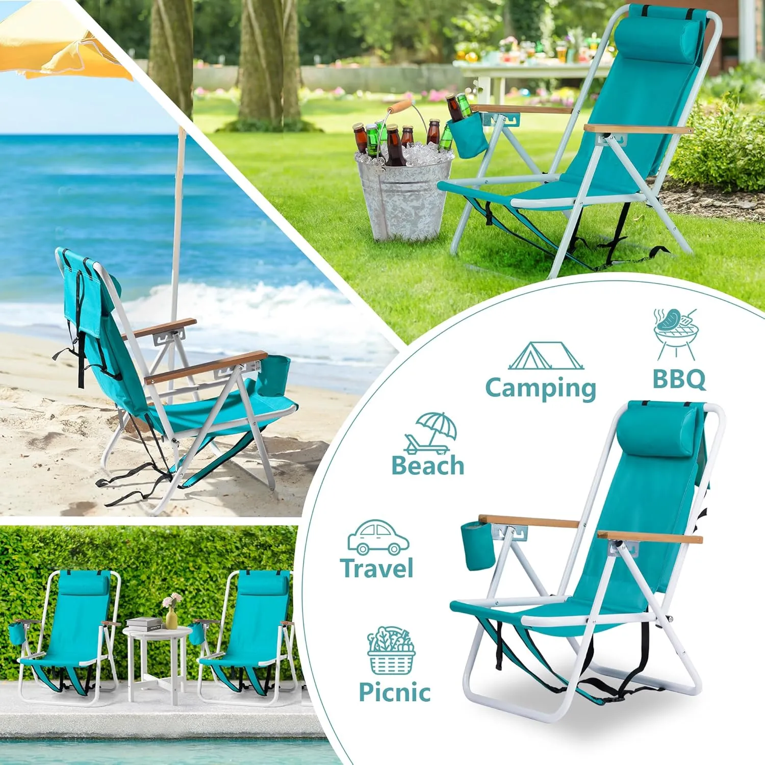 Folding Beach Chair with 350LBS Capacity, Portable Backpack Chair with 4 Position Reclining for Pool, Patio, Outdoor Concert Travel and Camping(Mint Green-1 Pack)