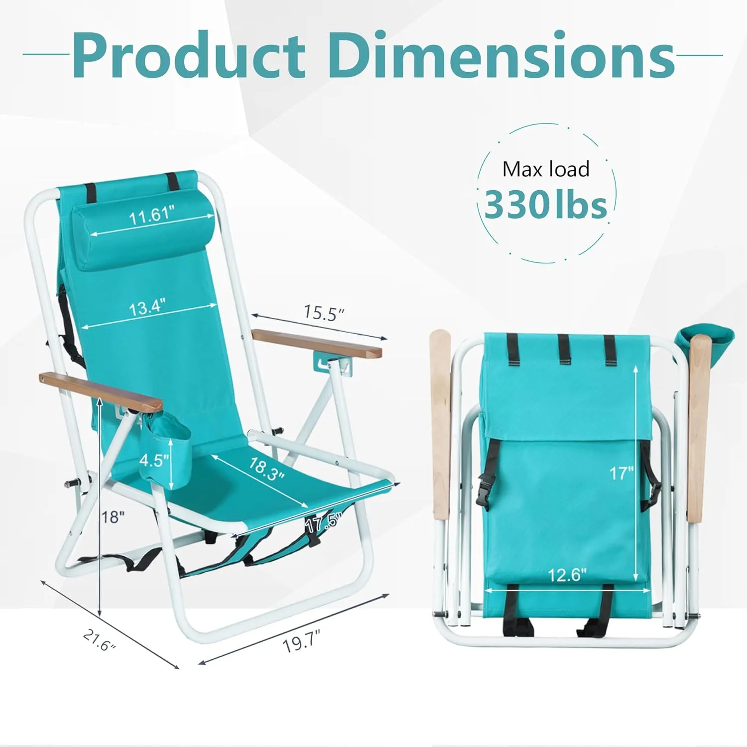 Folding Beach Chair with 350LBS Capacity, Portable Backpack Chair with 4 Position Reclining for Pool, Patio, Outdoor Concert Travel and Camping(Mint Green-1 Pack)