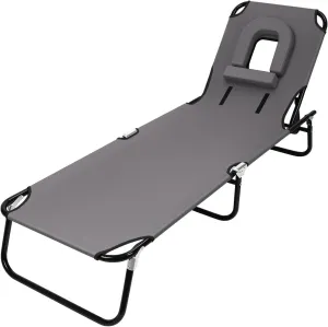 Folding Beach Lounge Chair Camping Cot, Portable Folding Sun Tanning Lay Flat Chair with Adjustable Recline & Removable Pillow, Poolside Sunbathing Lounger Chair for Sunbathing, Beach, Patio
