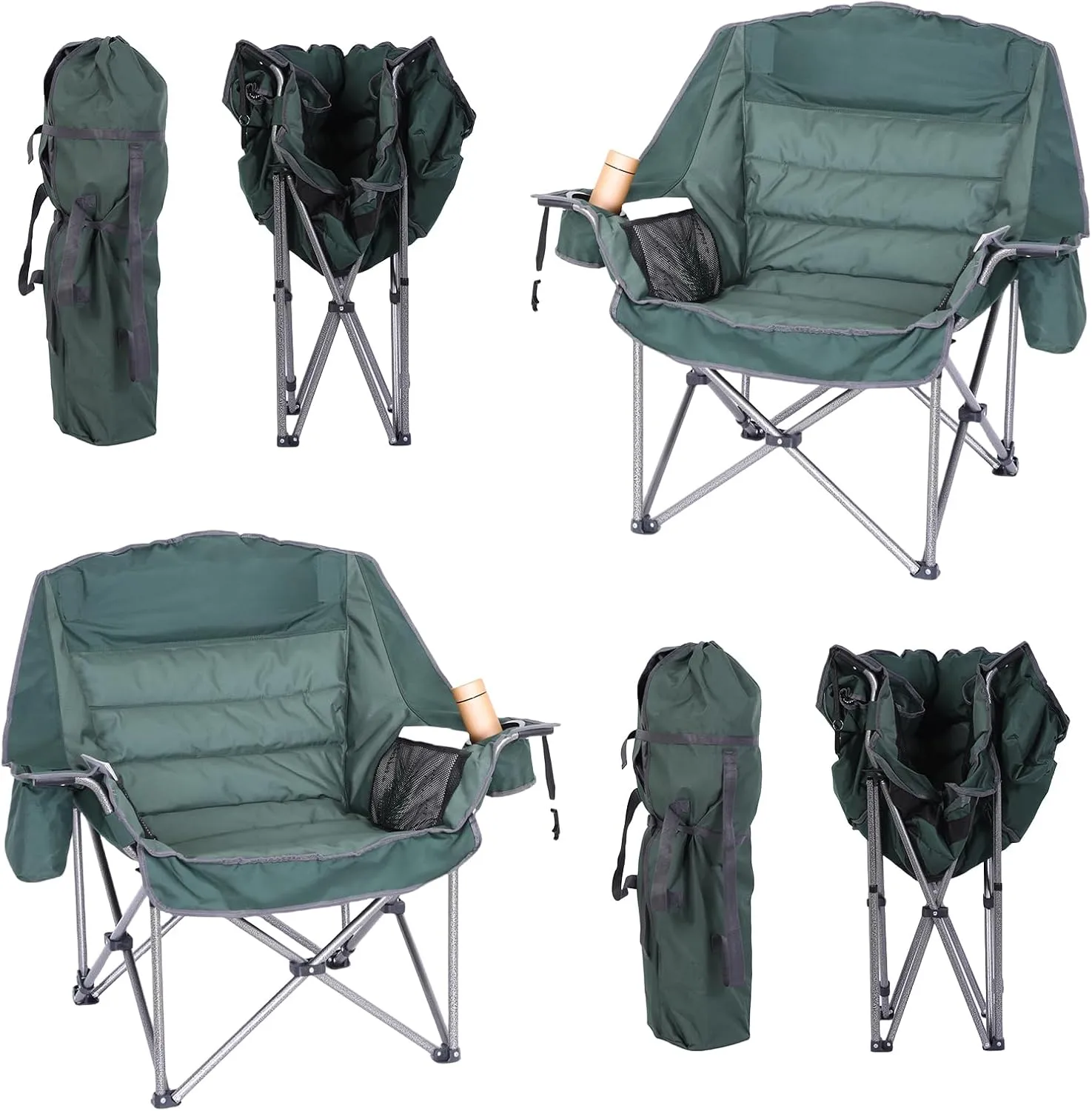 Folding Camping Chair, Padded Chair, Oversized Camping Chair, Lawn Chair for Adults, Heavy Duty 400lb Carry Bag Cupholder & Cooler (2-Pack)