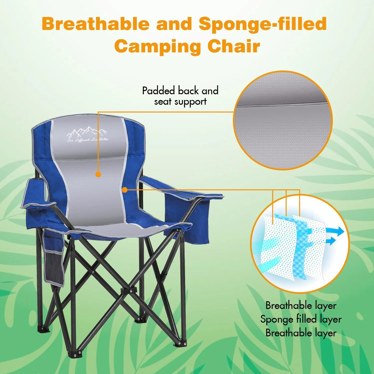 Folding Camping Chair Portable Outdoor Heavy Duty Padded Chairs Lawn Chair with Cup Holder, Storage Pocket and Cooler Bag, Supports 450LBS Blue