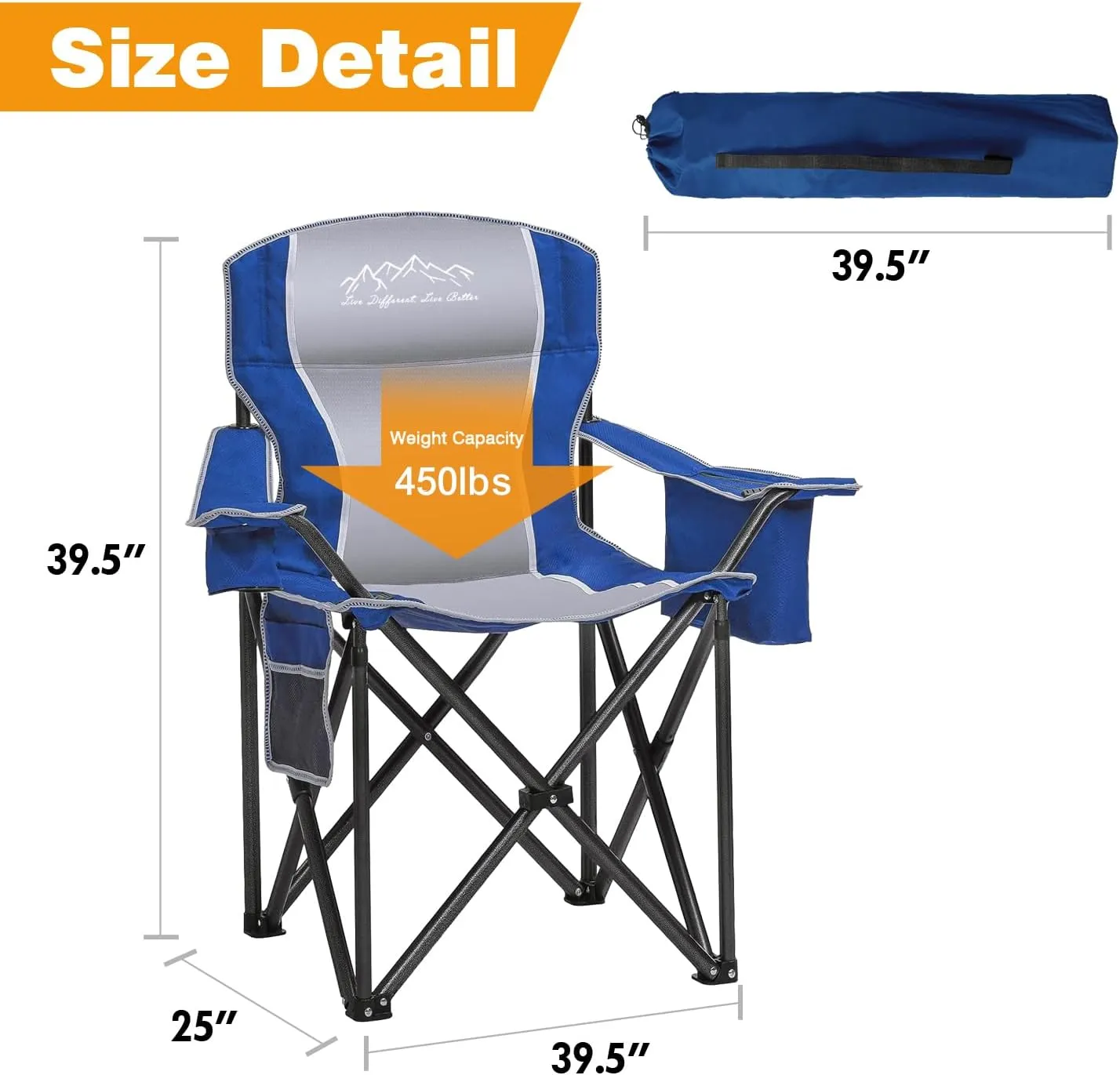 Folding Camping Chair Portable Outdoor Heavy Duty Padded Chairs Lawn Chair with Cup Holder, Storage Pocket and Cooler Bag, Supports 450LBS Blue
