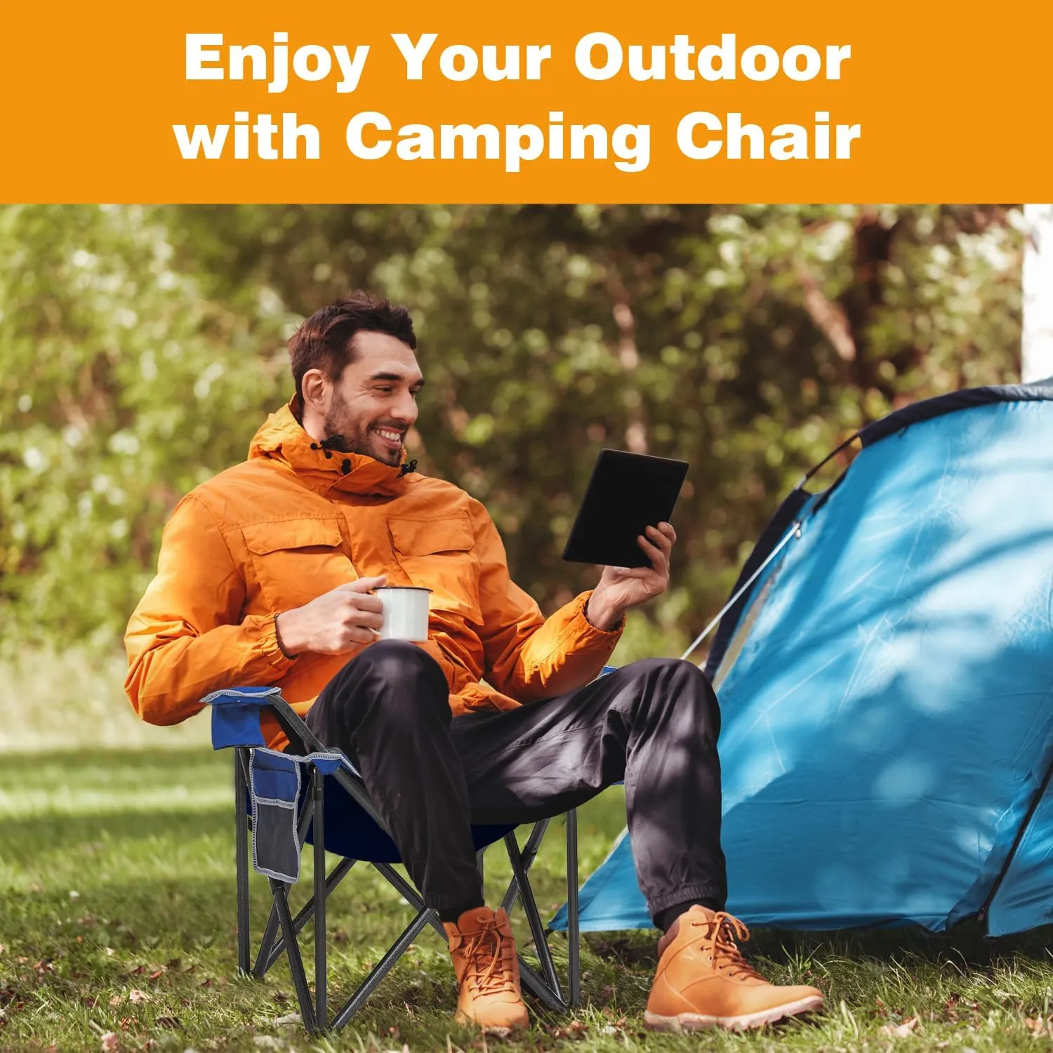Folding Camping Chair Portable Outdoor Heavy Duty Padded Chairs Lawn Chair with Cup Holder, Storage Pocket and Cooler Bag, Supports 450LBS Blue
