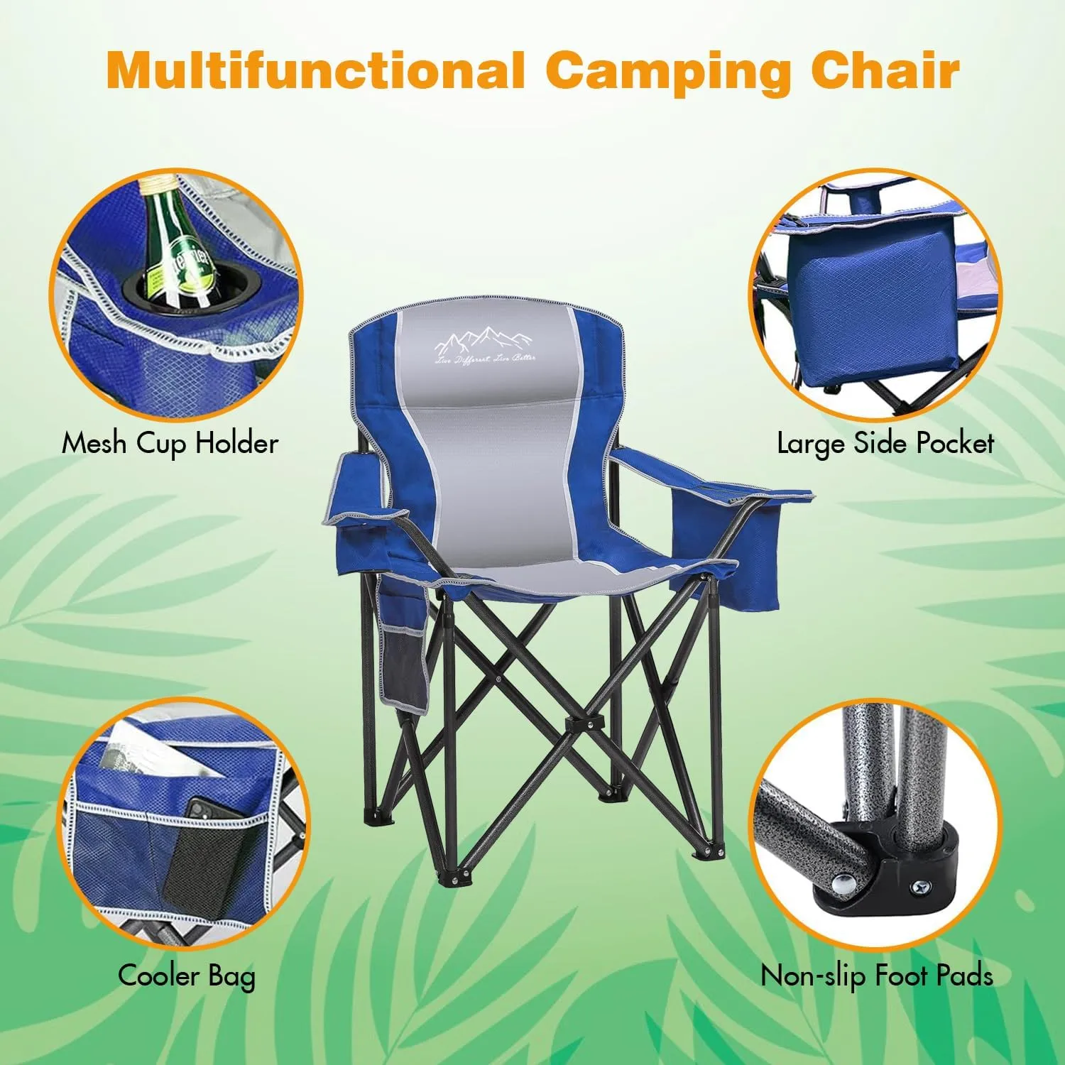 Folding Camping Chair Portable Outdoor Heavy Duty Padded Chairs Lawn Chair with Cup Holder, Storage Pocket and Cooler Bag, Supports 450LBS Blue