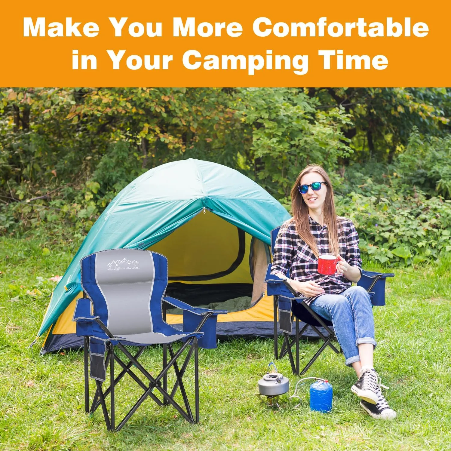 Folding Camping Chair Portable Outdoor Heavy Duty Padded Chairs Lawn Chair with Cup Holder, Storage Pocket and Cooler Bag, Supports 450LBS Blue