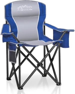 Folding Camping Chair Portable Outdoor Heavy Duty Padded Chairs Lawn Chair with Cup Holder, Storage Pocket and Cooler Bag, Supports 450LBS Blue
