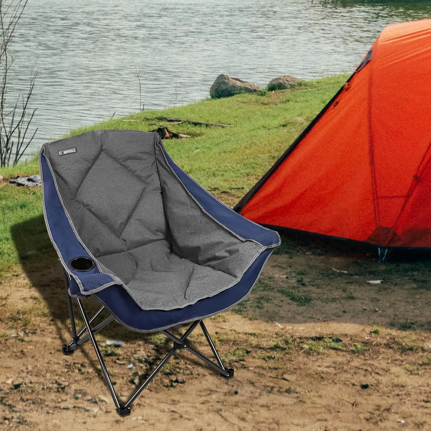 Folding Camping Chair,Oversized Portable Camping Chair with Cup Holder,Heavy Duty Padded Lawn Chair for Camping, Tailgates, Beach, and Sports