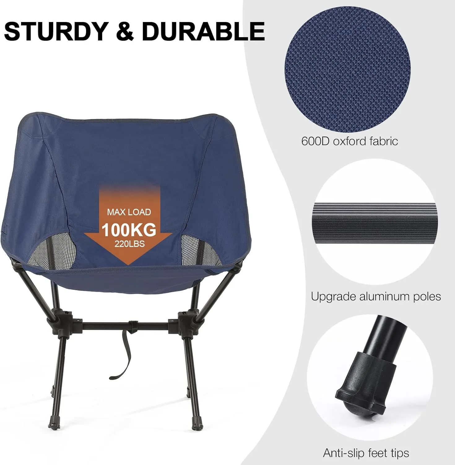 Folding Camping Chairs Men Women, High Back Beach Camping Chairs for Adults, Lightweight Backpacking Travel Chair for Hiking Outside Picnic, Blue