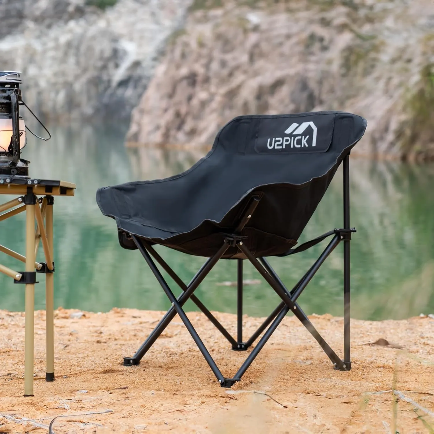 Folding Camping Chairs, Portable Moon Chair Support Up to 330Lbs with Carry Bag, Lightweight Foldable Outdoor Chair with Cup Holder, Black