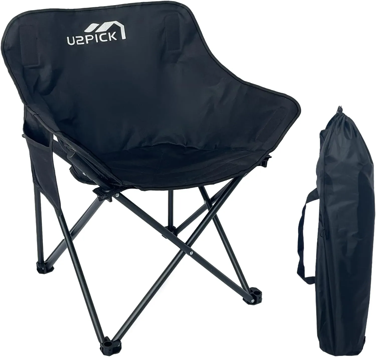 Folding Camping Chairs, Portable Moon Chair Support Up to 330Lbs with Carry Bag, Lightweight Foldable Outdoor Chair with Cup Holder, Black