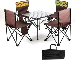 Folding Camping Table with Seats, Portable Aluminum Picnic and Chairs Carrying Storage Bag, Compact Patio for Indoor Outdoor, Brown
