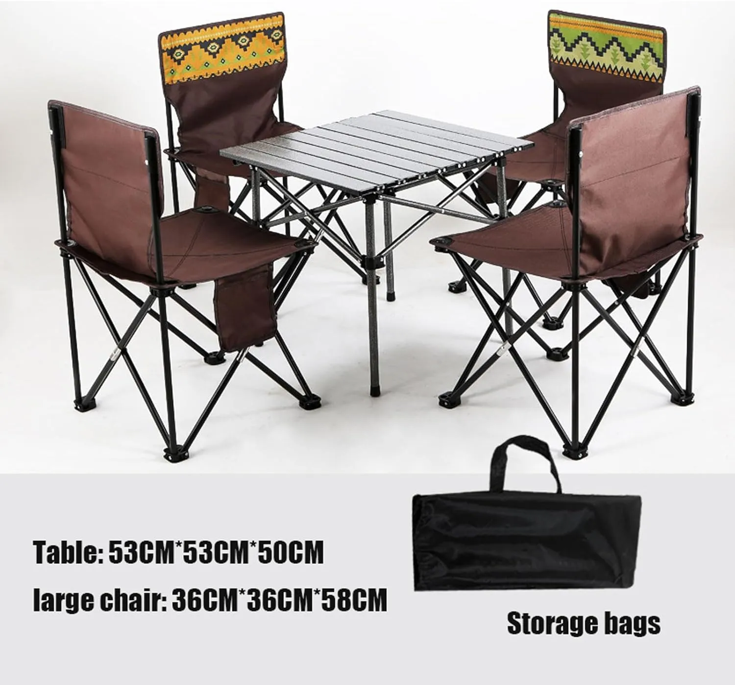 Folding Camping Table with Seats, Portable Aluminum Picnic and Chairs Carrying Storage Bag, Compact Patio for Indoor Outdoor, Brown