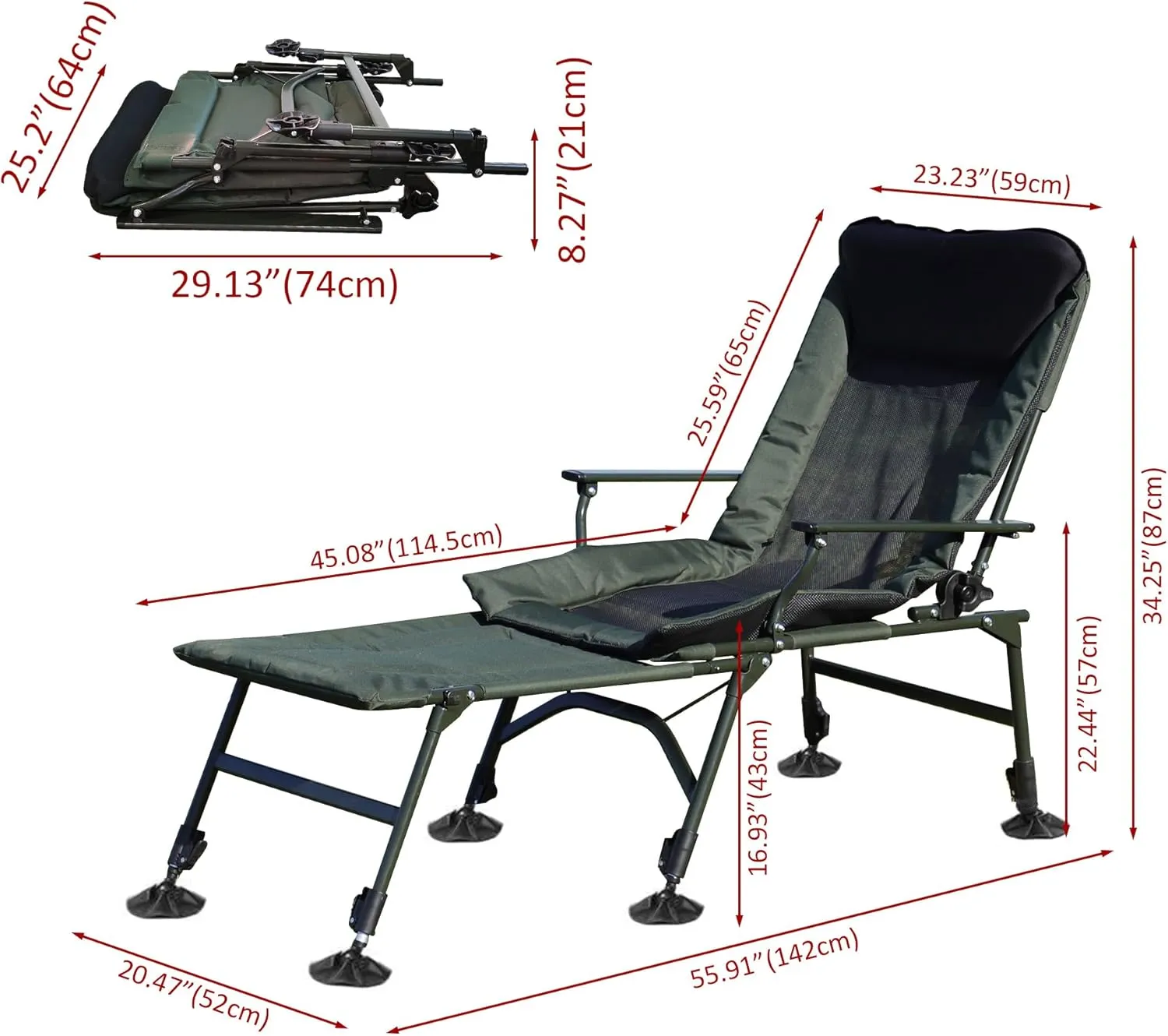 Folding Fishing Chair, Heavy Duty 330 lbs Capacity, 180° Adjustable Reclining, High Back Support, Outdoor Camping Lounge (GreenC)