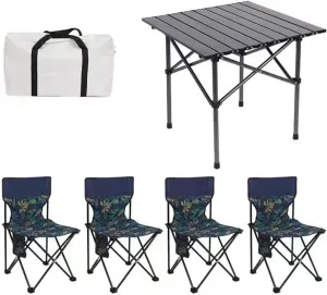 Folding Outdoor Camping Picnic Tables and Chairs, Carbon Steel Foldable Roll-up Table Top Small Table, Portable Fishing Chair Set, Easy to Assemble