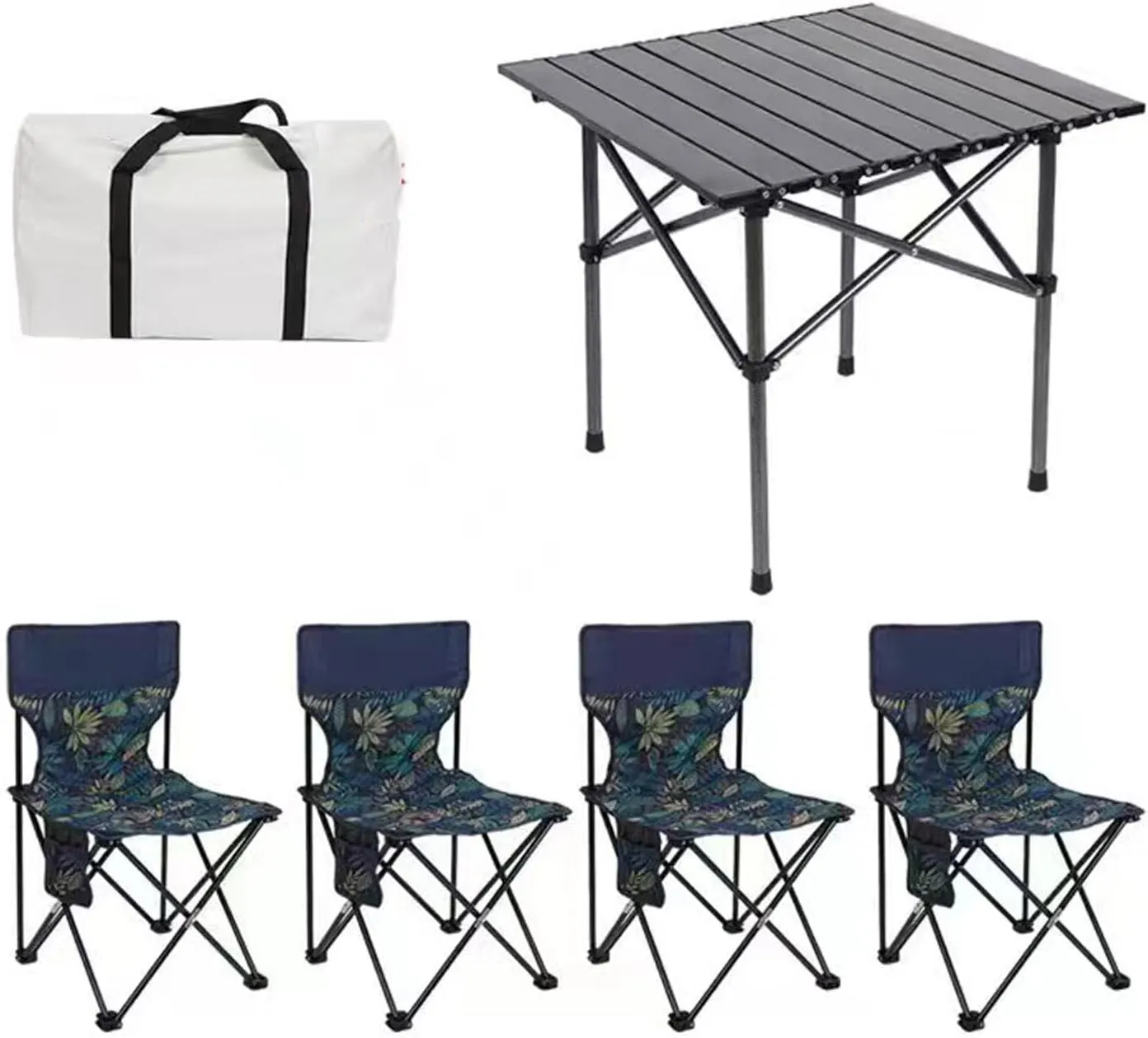 Folding Outdoor Camping Picnic Tables and Chairs, Carbon Steel Foldable Roll-up Table Top Small Table, Portable Fishing Chair Set, Easy to Assemble