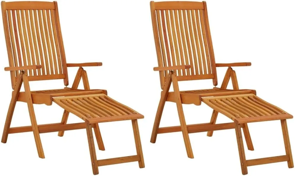 Folding Patio Chairs with Footrests 2 Pack Solid Eucalyptus Wood Outdoor Lounge Chairs Adjustable Reclining Backrest for Poolside, Camping, Beach, Garden