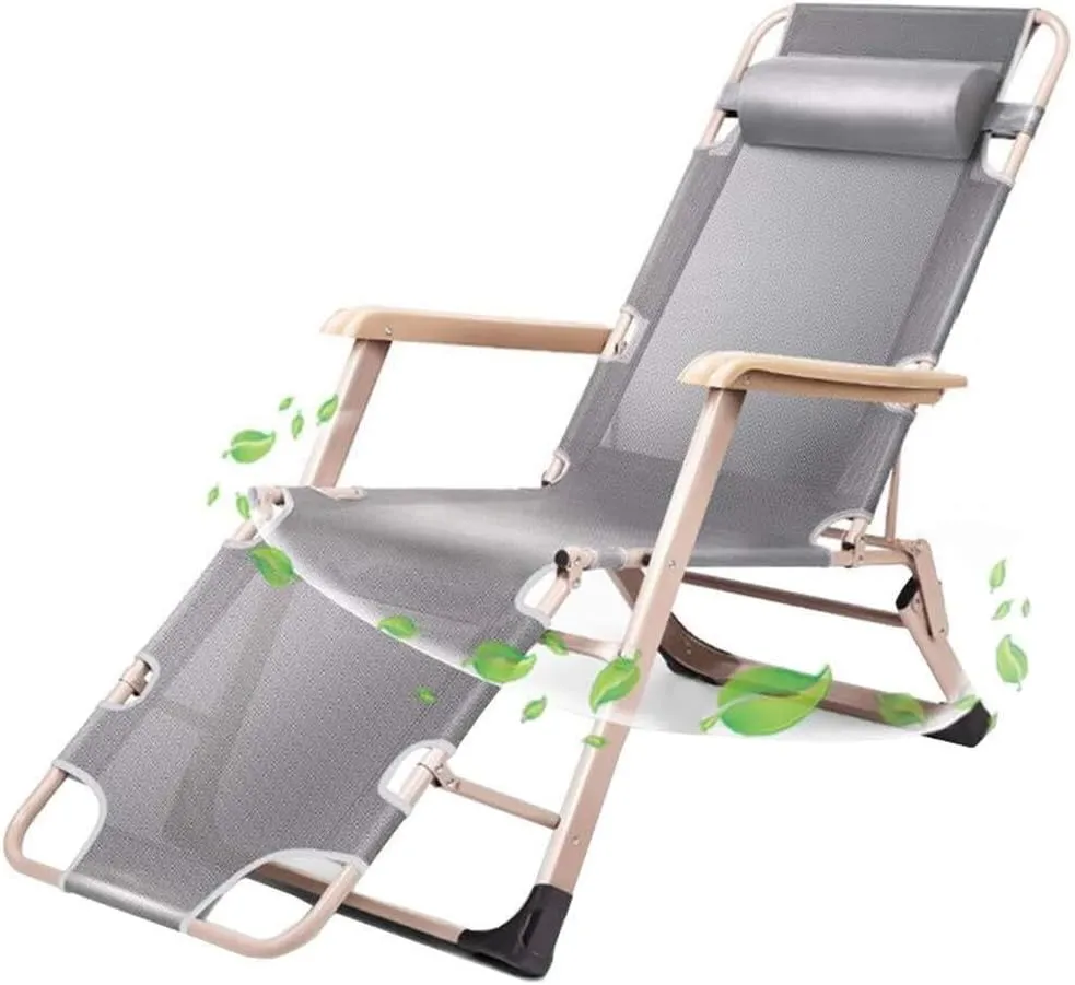 Folding Recliner Beach Chair Sun Lounger Bed with Padded Headrests for Garden, Outdoor Camping, Easy Carry and Storage, Lightweight & Steel Frame – Gray/Black/Grey