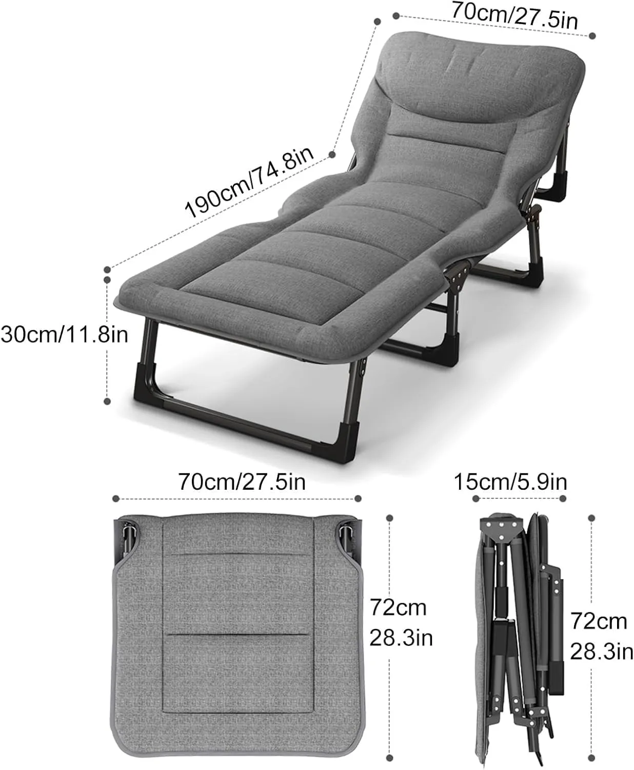 Folding Sleeping Cot, Adult Camping Bed, Heavy Duty Portable Sleeping Folding Bed with Padded, Adjustable Lounge Chair Outdoor Reclining Chaise for Camping Tent Office Outdoor Travel (170*60*30cm)